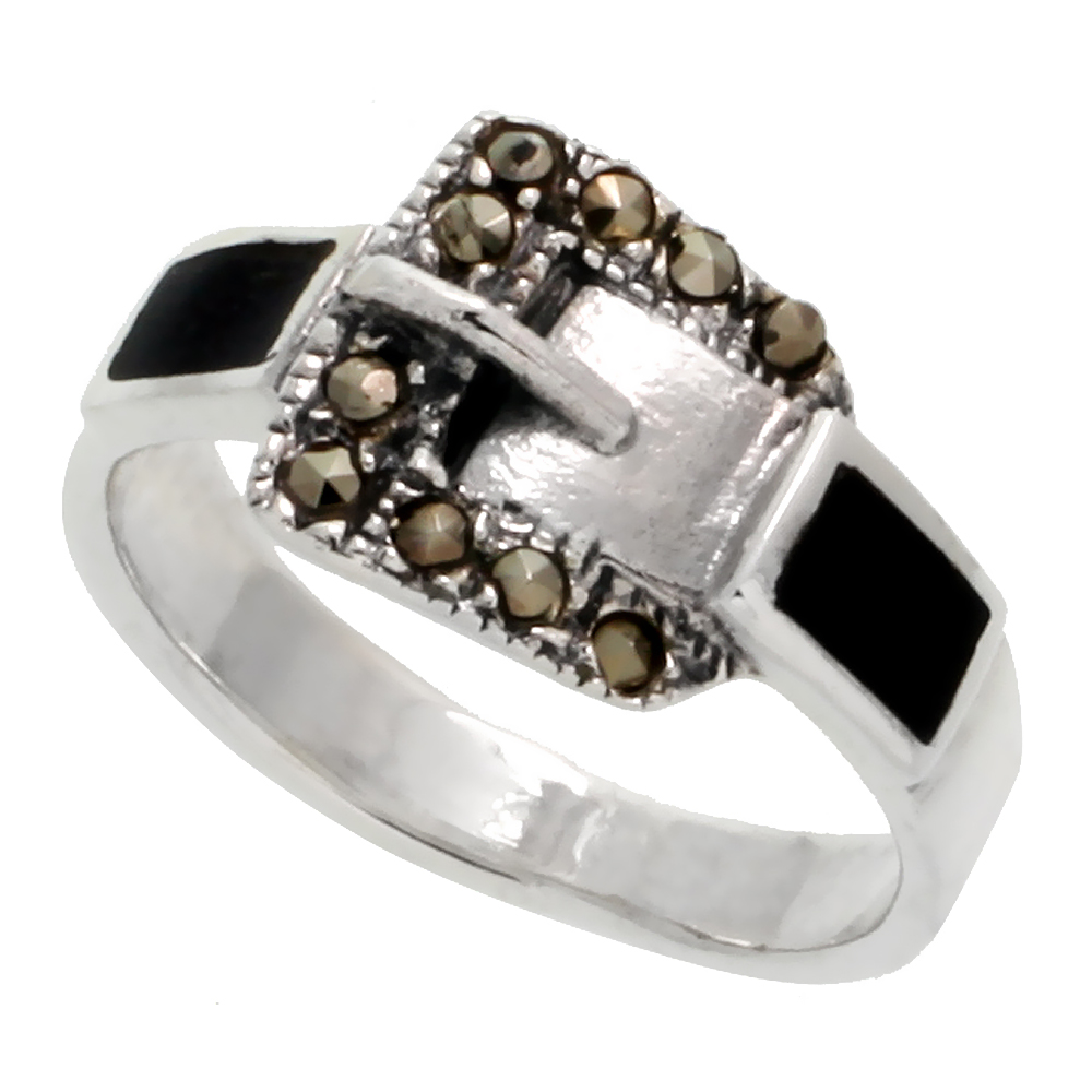 Sterling Silver Marcasite Belt Buckle Jet Stone Ring, 3/8&quot; (9 mm) wide