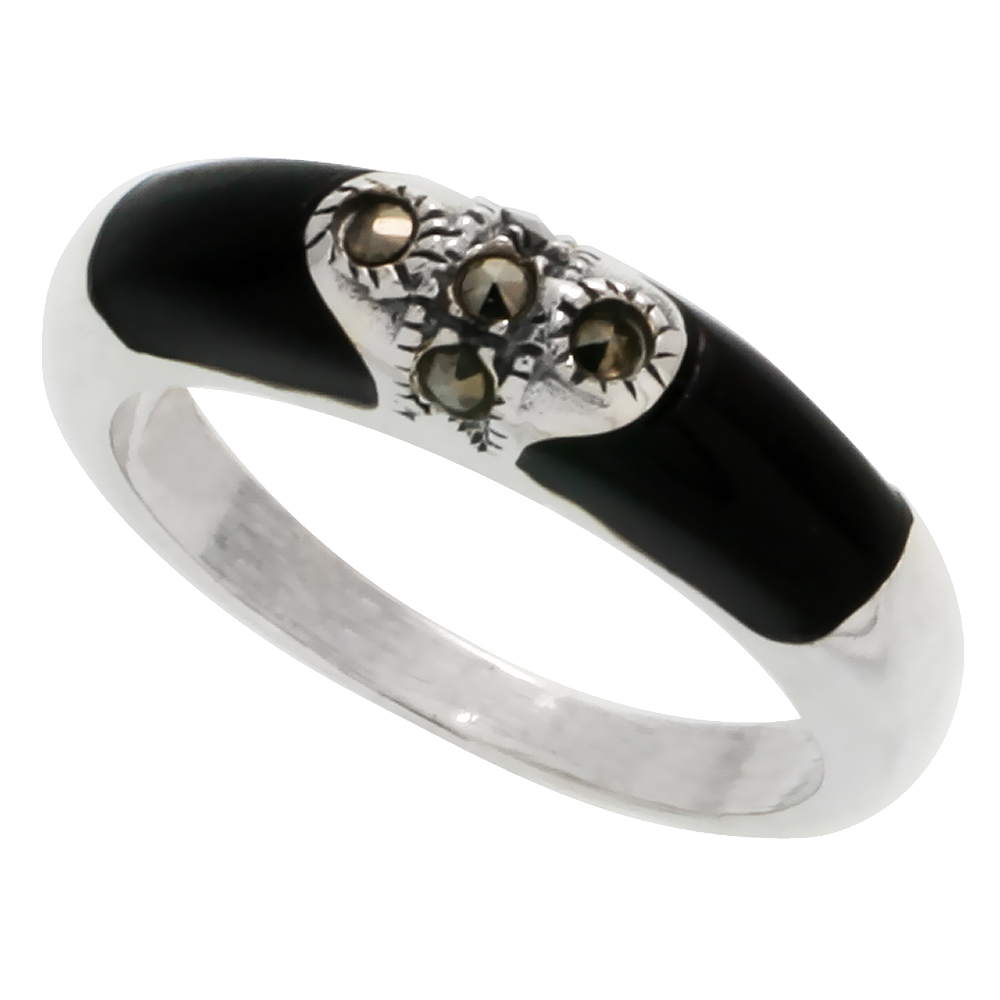STERLING SILVER MARCASITE TUBULAR JET STONE RING, 1/4" (6 MM) WIDE