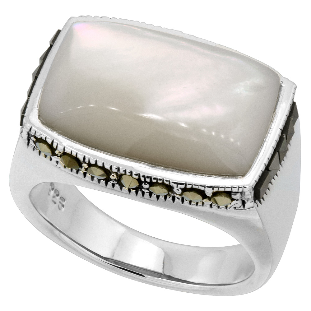 STERLING SILVER WHITE MOTHER OF PEARL RING RECTANGULAR MARCASITE ACCENT, SIZE 5 TO 9