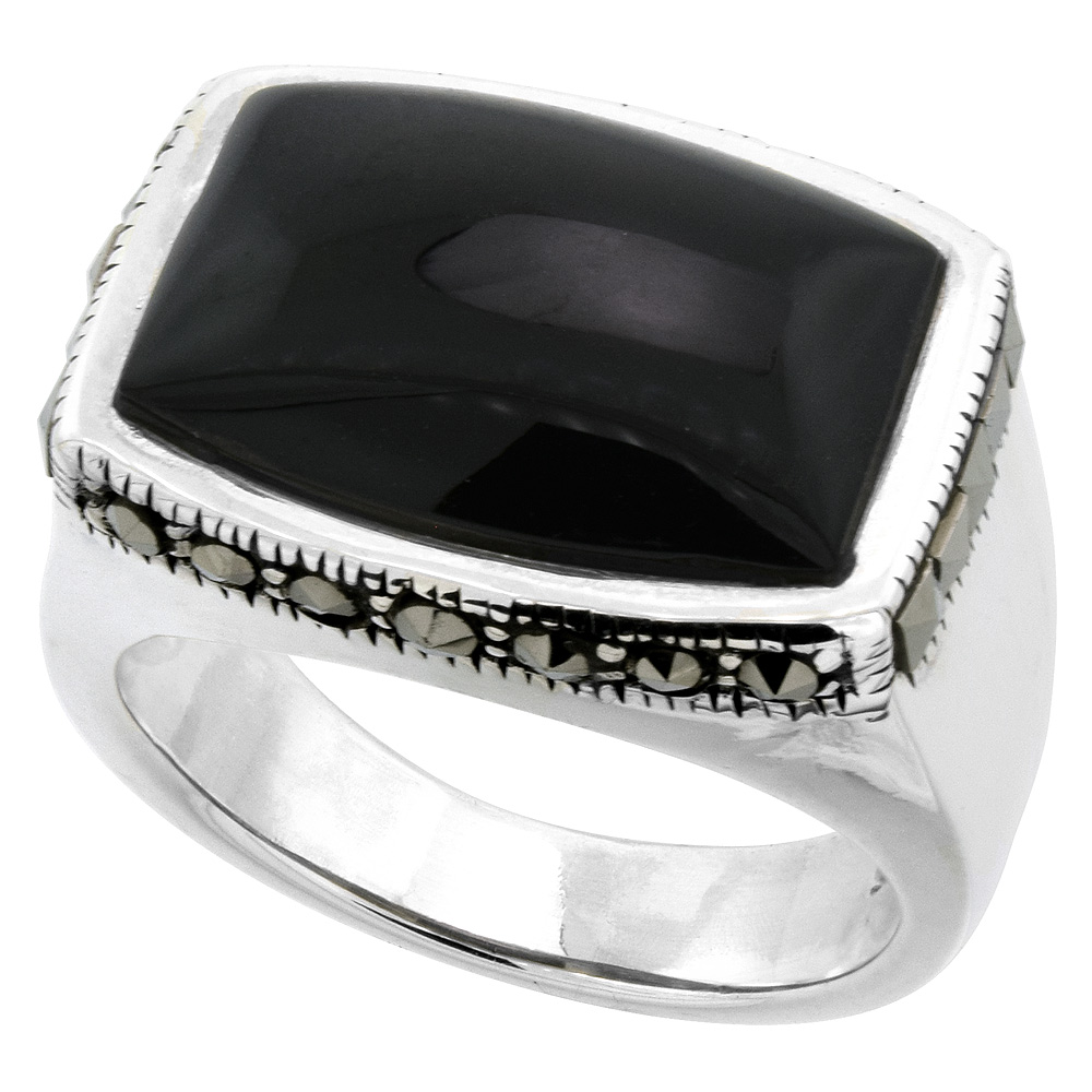 Sterling Silver Black Mother of Pearl Ring Rectangular Marcasite Accent, size 5 to 9