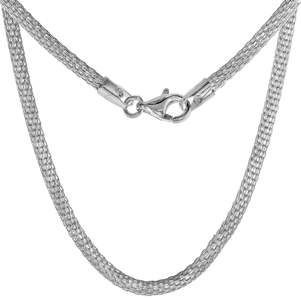 STERLING SILVER ROUND MESH CHAIN NECKLACES & BRACELETS 3MM NICKEL FREE ITALY, SIZES 7 - 20 INCH