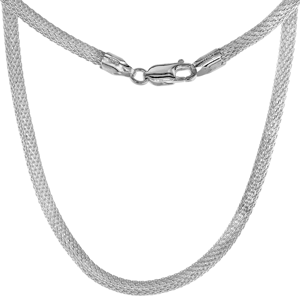 STERLING SILVER ROUND MESH CHAIN NECKLACES & BRACELETS 4MM NICKEL FREE ITALY, SIZES 7 - 20 INCH