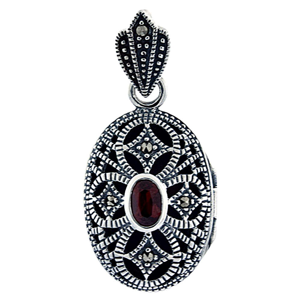 STERLING SILVER FILIGREE OVAL LOCKET. MARCASITE NATURAL GARNET