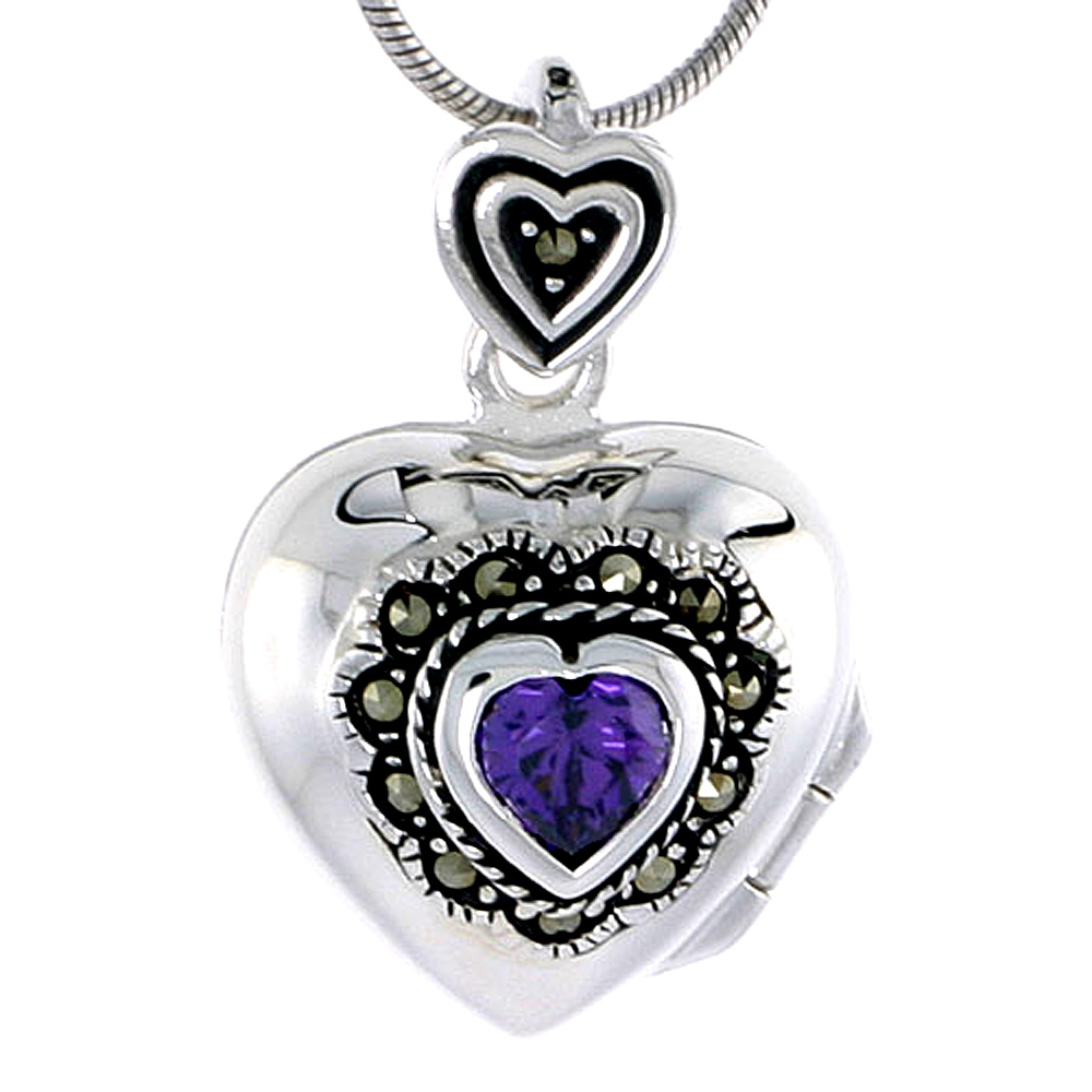 STERLING SILVER LOCKET NECKLACE HEART MARCASITE AMETHYST