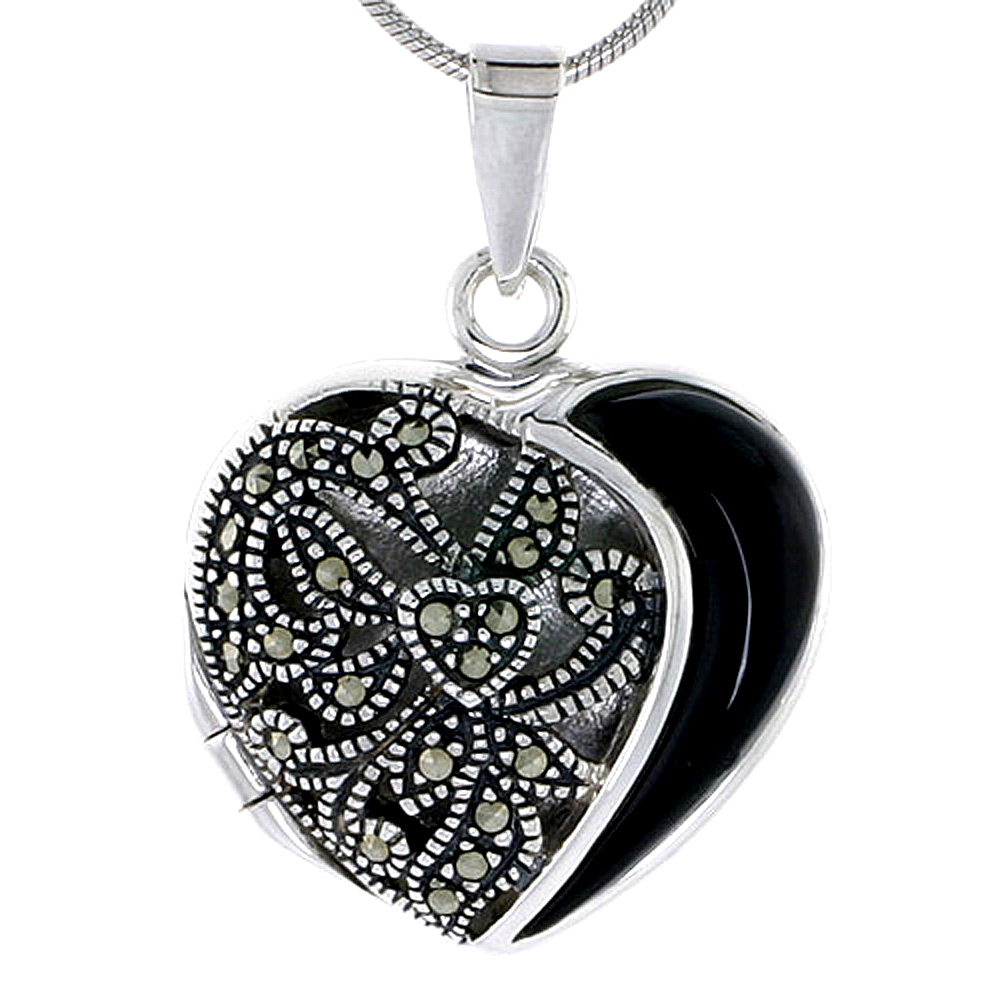 STERLING SILVER LOCKET NECKLACE HEART MARCASITE