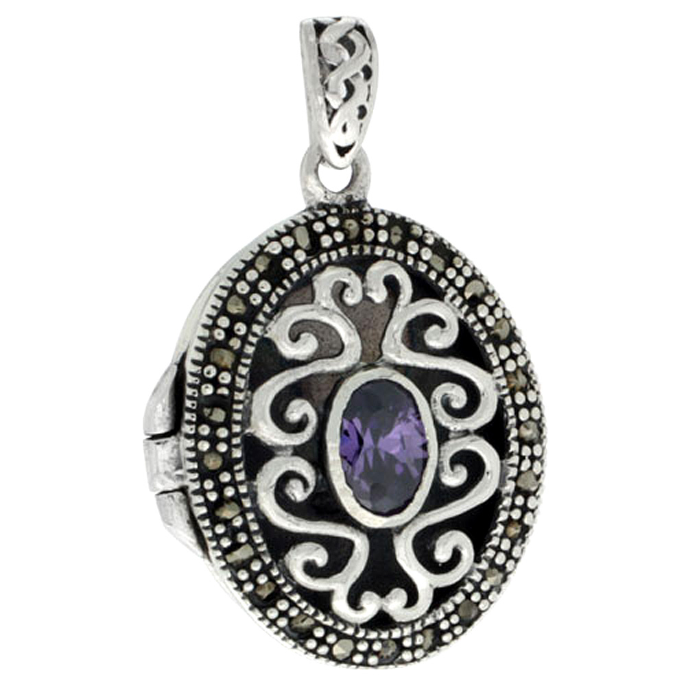 STERLING SILVER NATURAL AMETHYST OVAL LOCKET MARCASITE FILIGREE