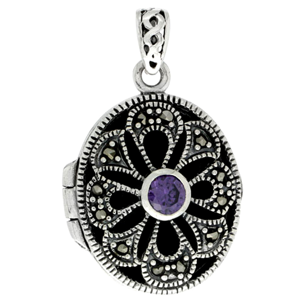 STERLING SILVER NATURAL AMETHYST OVAL LOCKET MARCASITE FLORAL