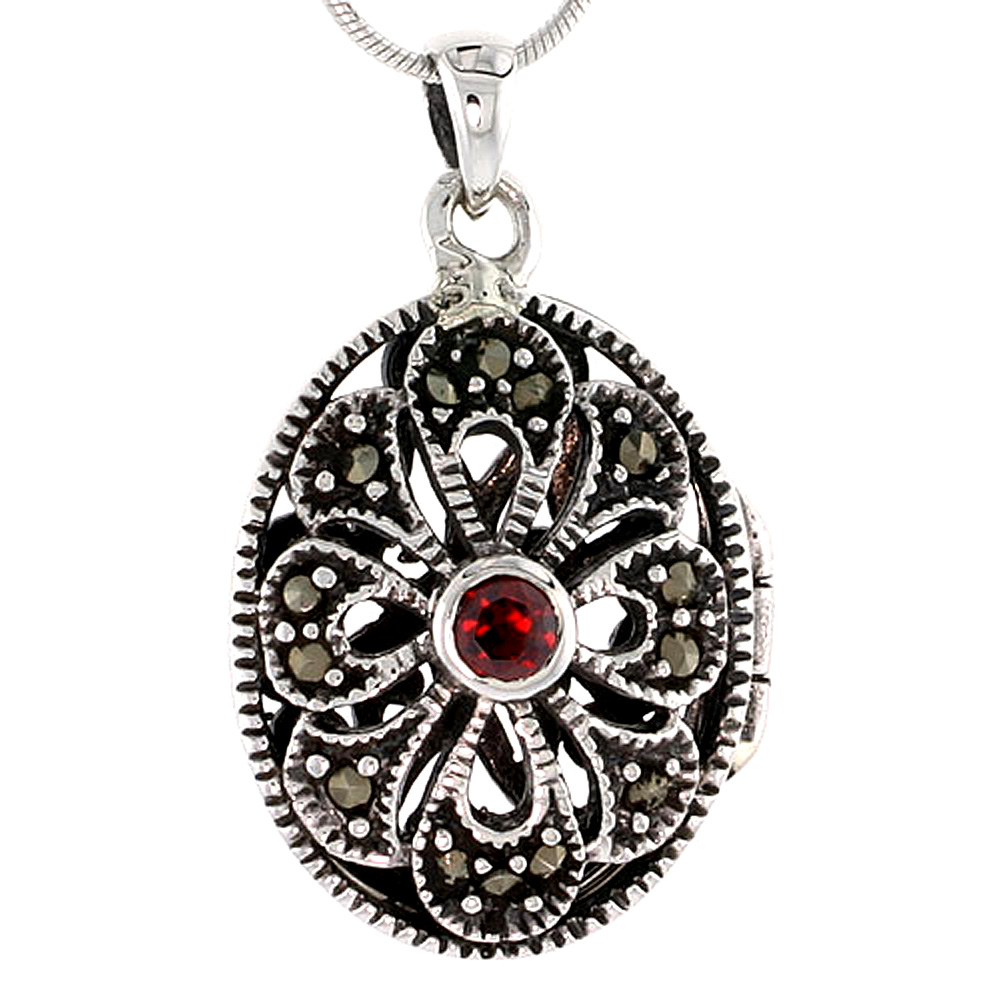 STERLING SILVER NATURAL ORANGE AMETHYST OVAL LOCKET MARCASITE FLORAL