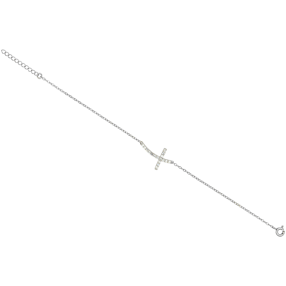 Sterling Silver Cubic Zirconia Sideways Cross Bracelet, 7 inches long + 1 in extension