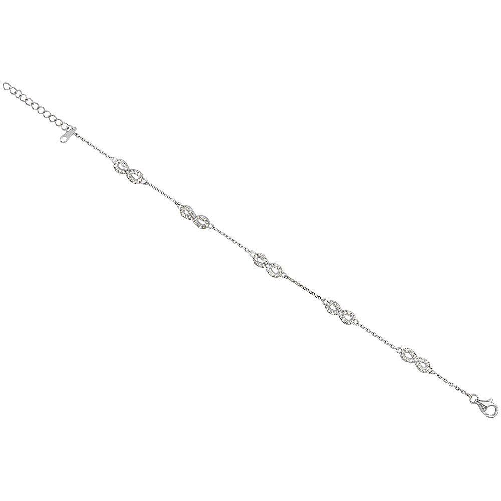 Sterling Silver Micro Pave Cubic Zirconia Infinity Charm Bracelet, 6.5 inches long + in extension