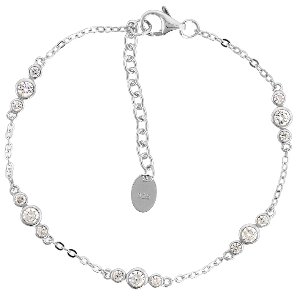 Dainty Sterling Silver CZ Station Bracelet for Women Bezel Set Rhodium Finish fits 6.5-7.5 inch