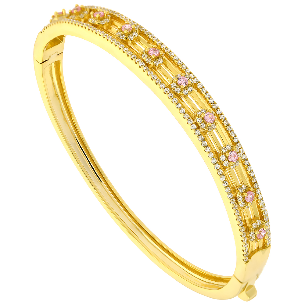 Sterling Silver Cubic Zirconia Floral Bangle Micro Pave Yellow Gold Plated, fits 6.5 inch wrists