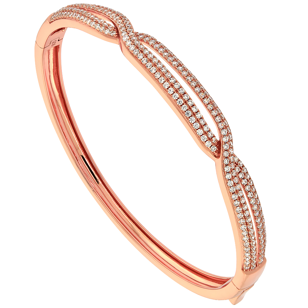 Sterling Silver Cubic Zirconia Criss Cross Bangle Micro Pave Rose Plated, fits 6.5 inch wrists