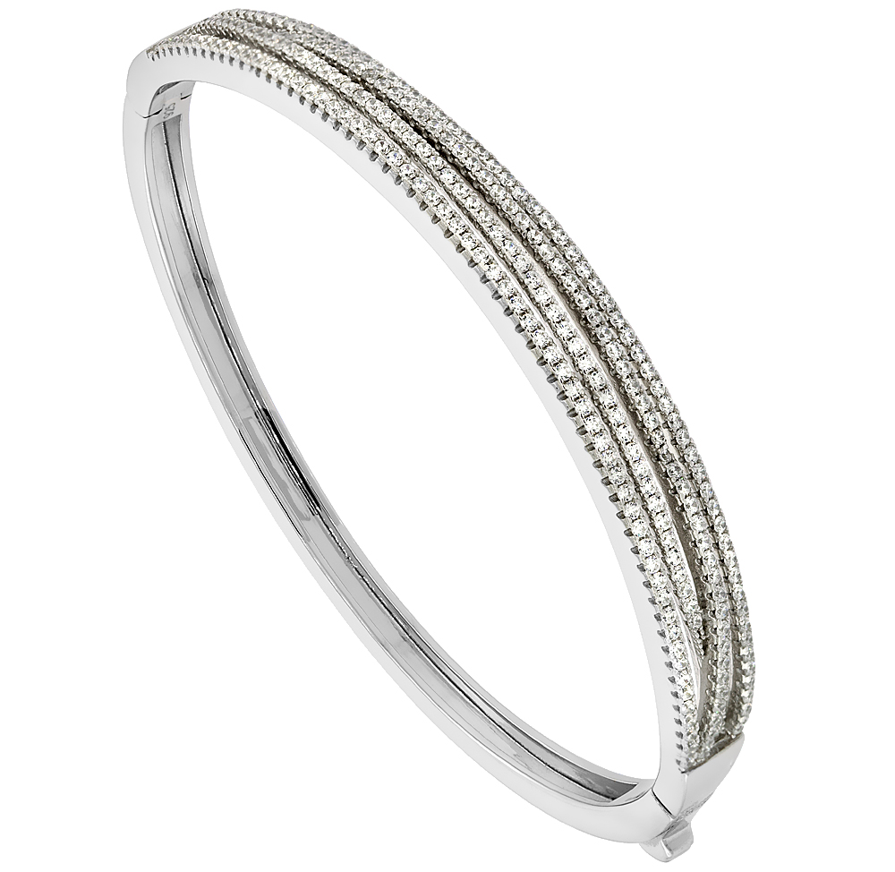 Sterling Silver Cubic Zirconia 4-Row Bangle Micro Pave High Polish, fits 6.5 inch wrists