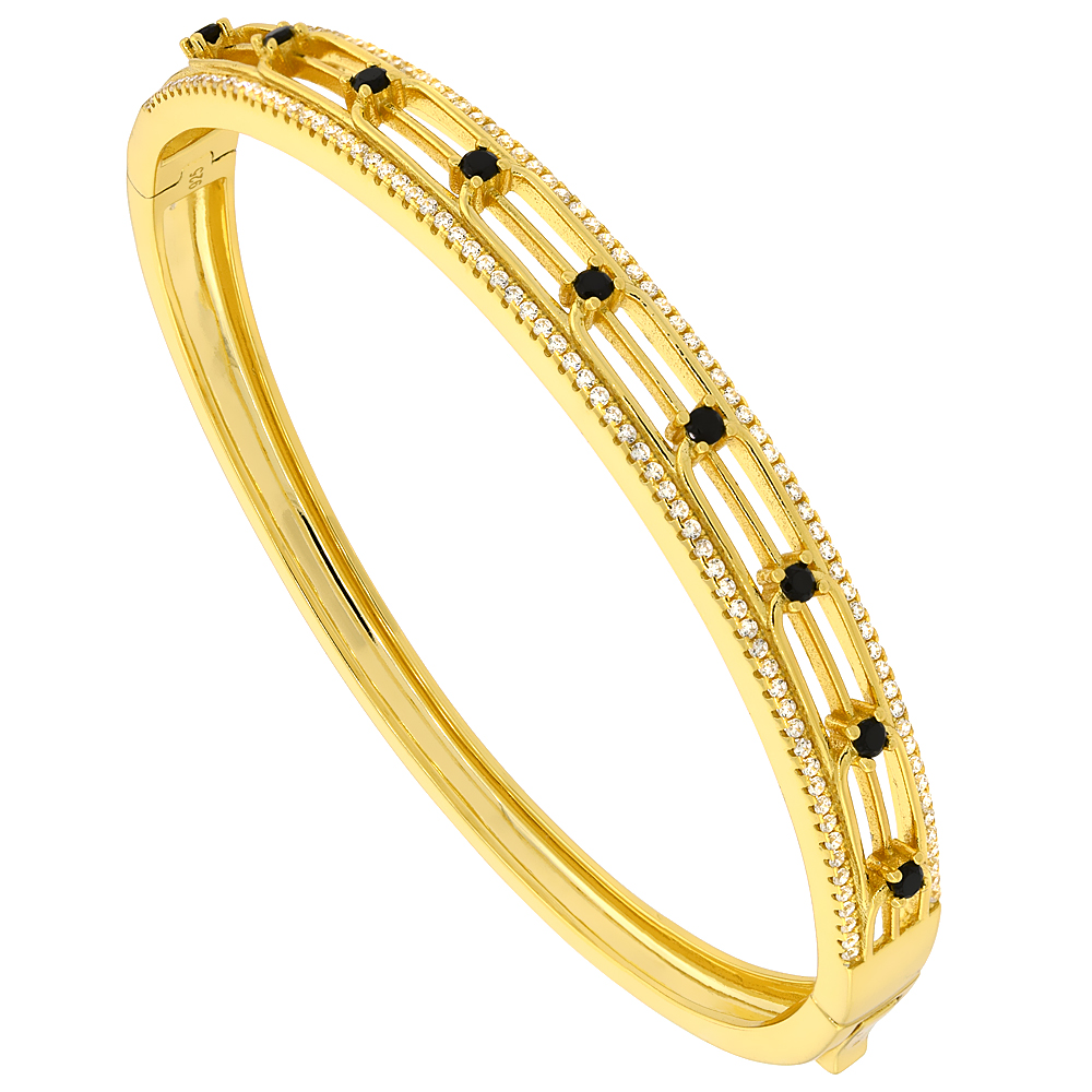 Sterling Silver Cubic Zirconia Bangle Micro Pave Yellow Gold Plated, fits 6.5 inch wrists