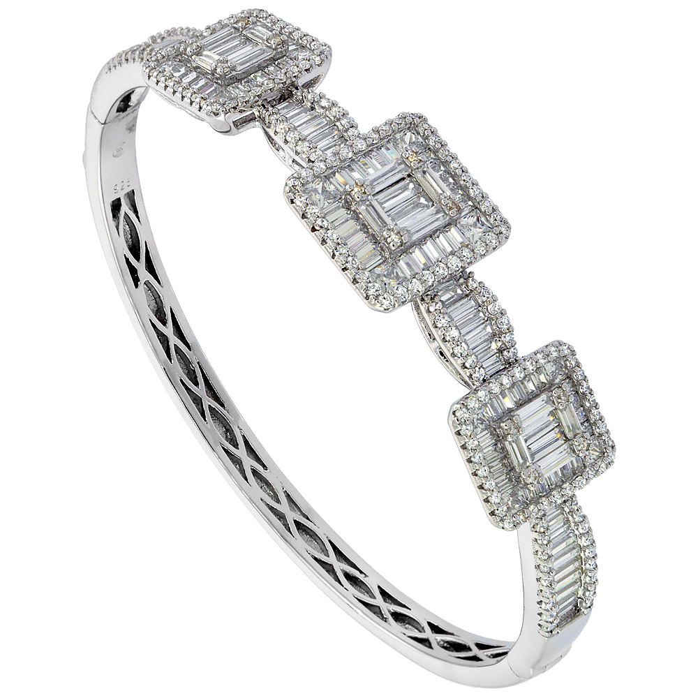 Sterling Silver Cubic Zirconia Baguette Bangle Micro Pave 5/8 inch wide, fits 7 inch wrists