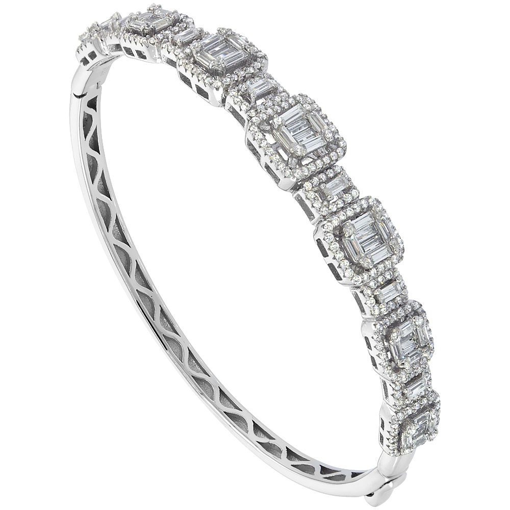 Sterling Silver Cubic Zirconia Baguette Bangle Micro Pave 3/8 inch wide, fits 7 inch wrists