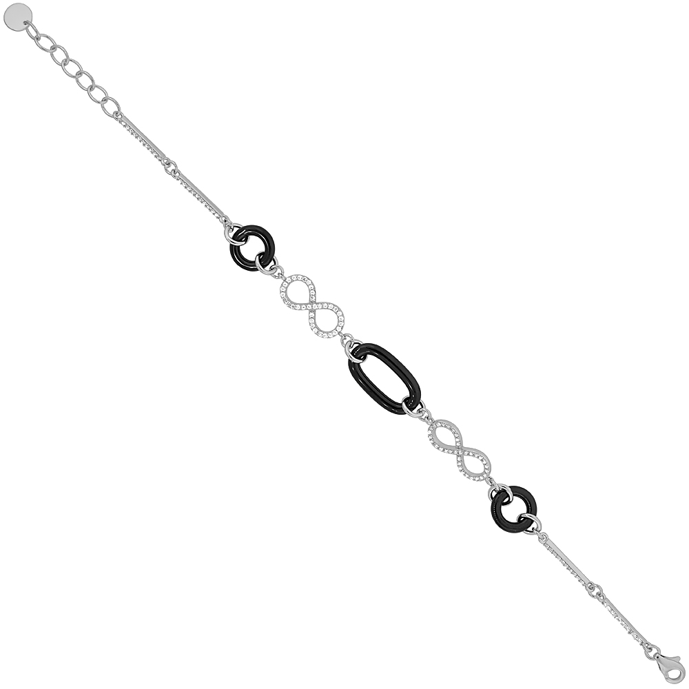 Sterling Silver Cubic Zirconia Infinity Bracelet in Rose Gold &amp; Rhodium Finishes &amp; Ceramic Accents, 3/8 inch wide