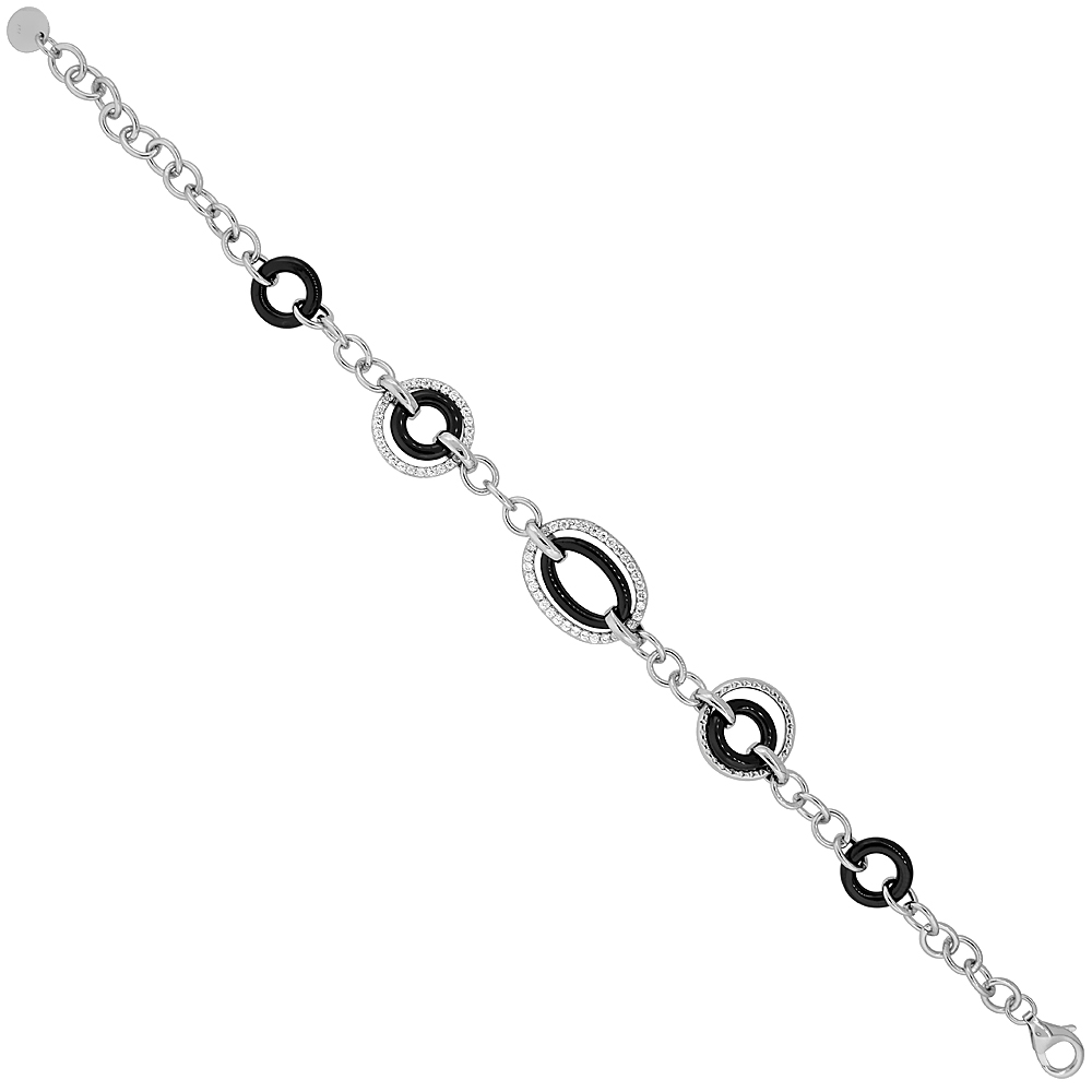 Sterling Silver Cubic Zirconia Oval &amp; Circle Bracelet in Rose Gold &amp; Rhodium Finishes &amp; Ceramic Accents, 9/16 inch wide
