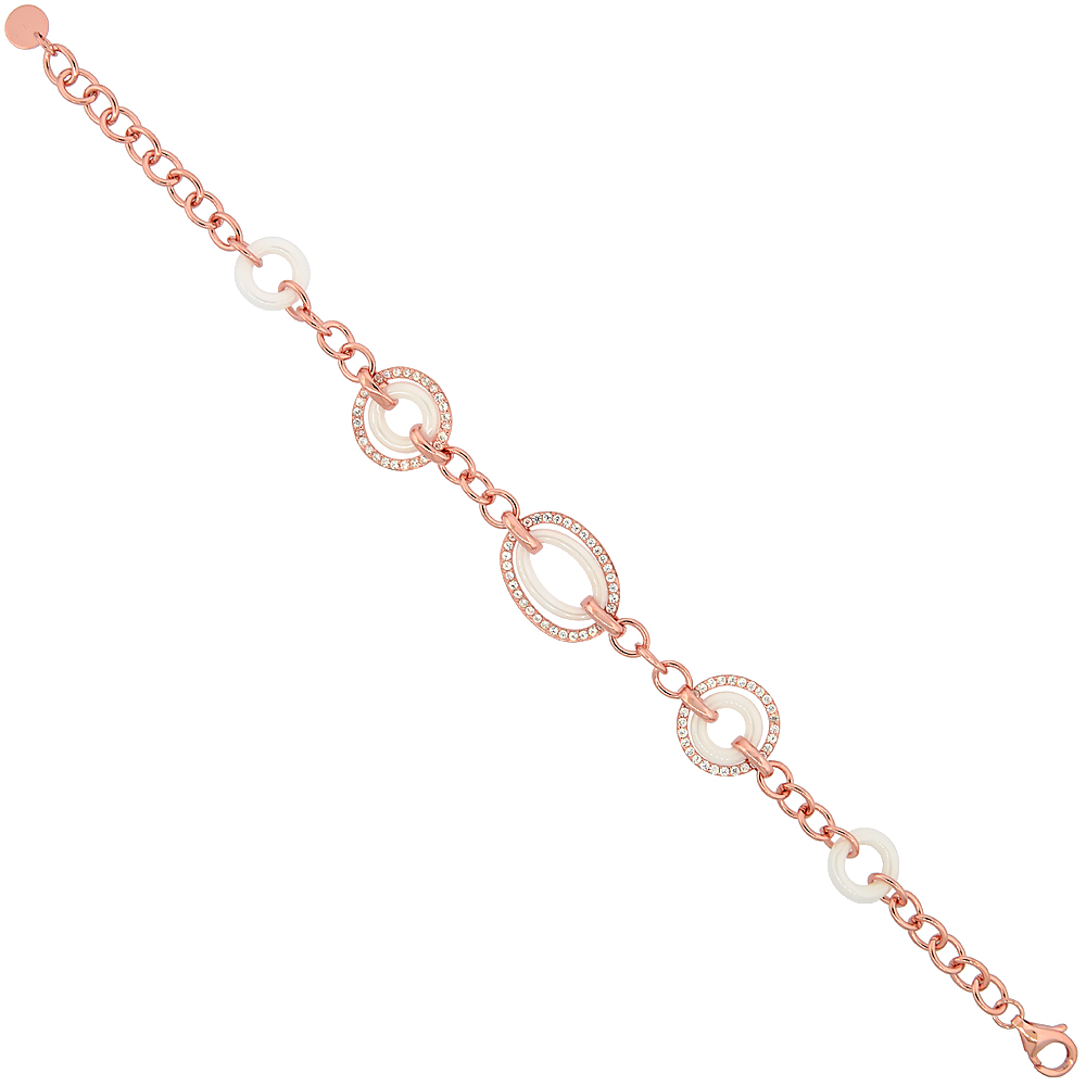Sterling Silver Cubic Zirconia Oval & Circle Bracelet Rose Gold Finish & White Ceramic