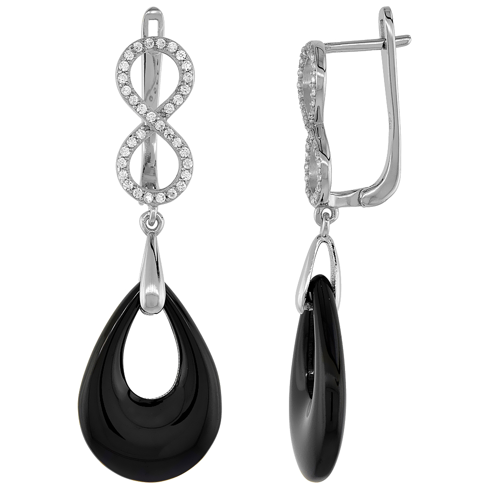 Sterling Silver Cubic Zirconia Infinity Lever Back Earrings Rhodium Finish &amp; Black Ceramic