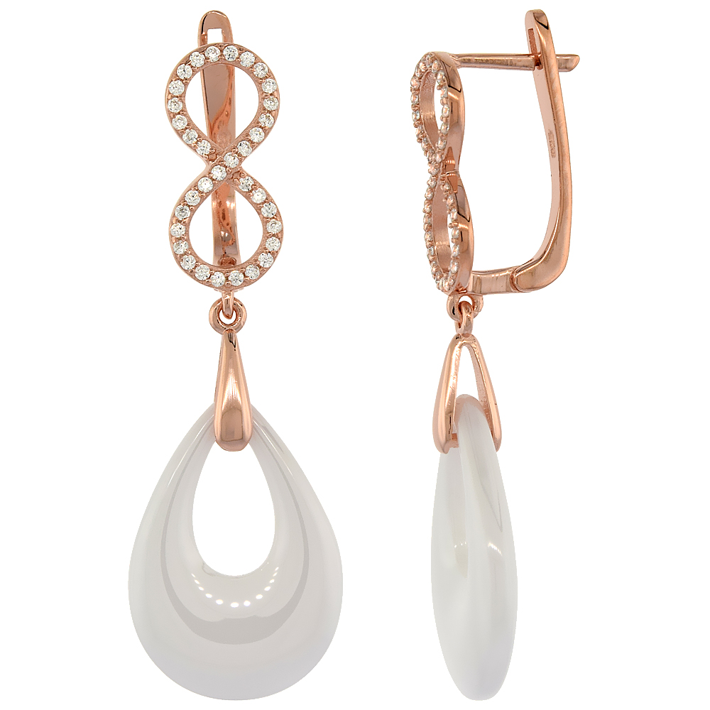 Sterling Silver Cubic Zirconia Infinity Lever Back Earrings Rose Gold Finish &amp; White Ceramic
