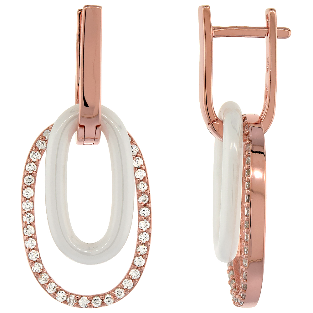 Sterling Silver Cubic Zirconia Lever Back Earrings Rose Gold Finish & White Ceramic