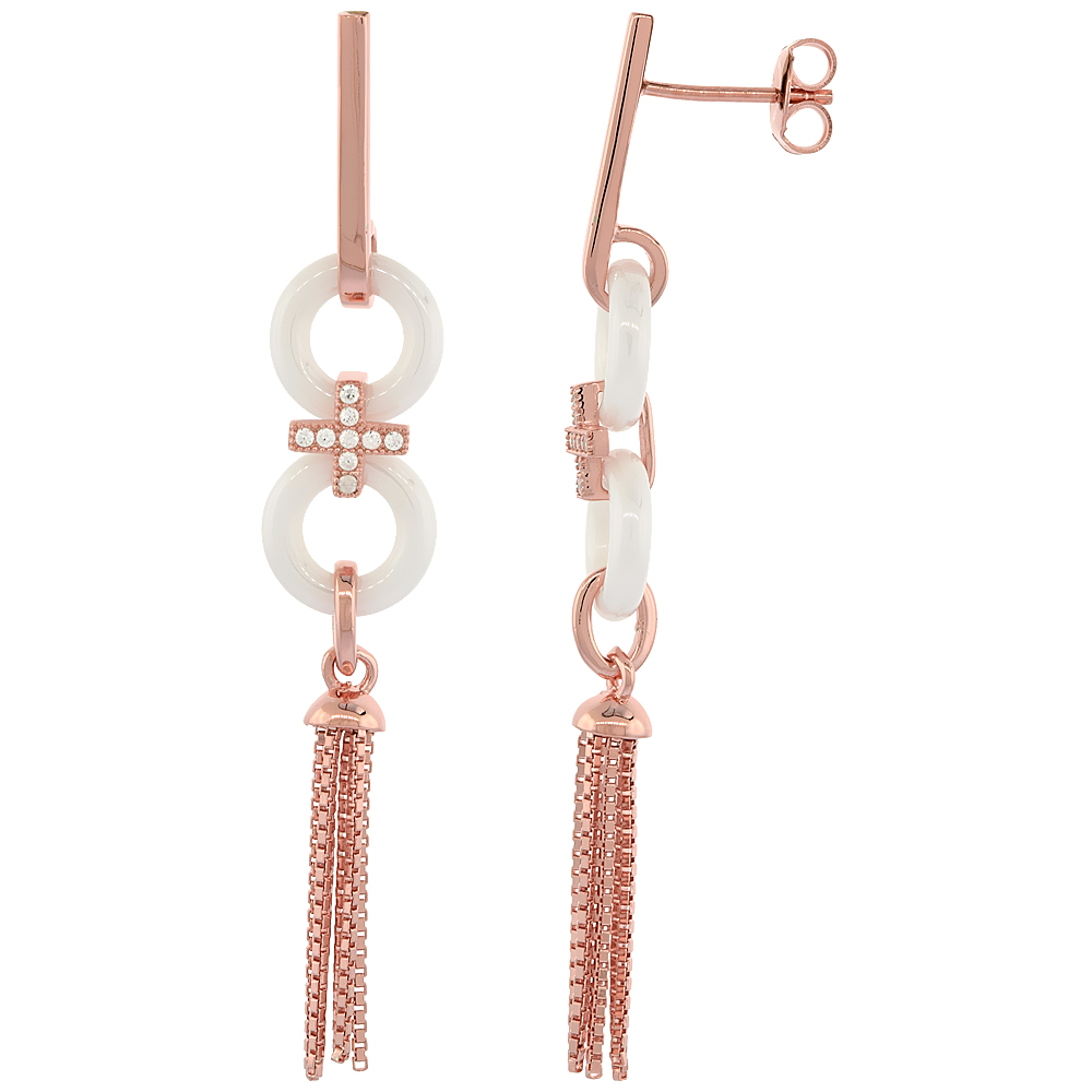 Sterling Silver Cubic Zirconia Cross Post Earrings Rose Gold Finish &amp; White Ceramic