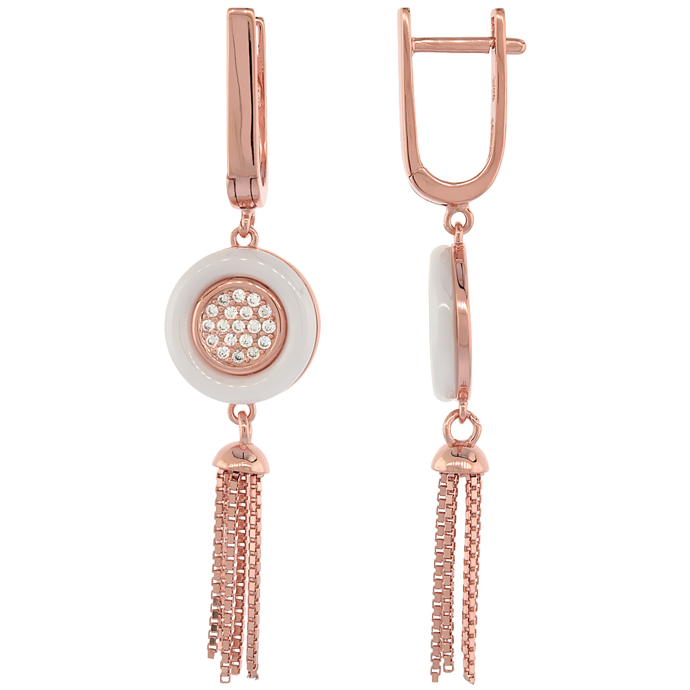 Sterling Silver Cubic Zirconia Lever Back Earrings Rose Gold Finish &amp; White Ceramic