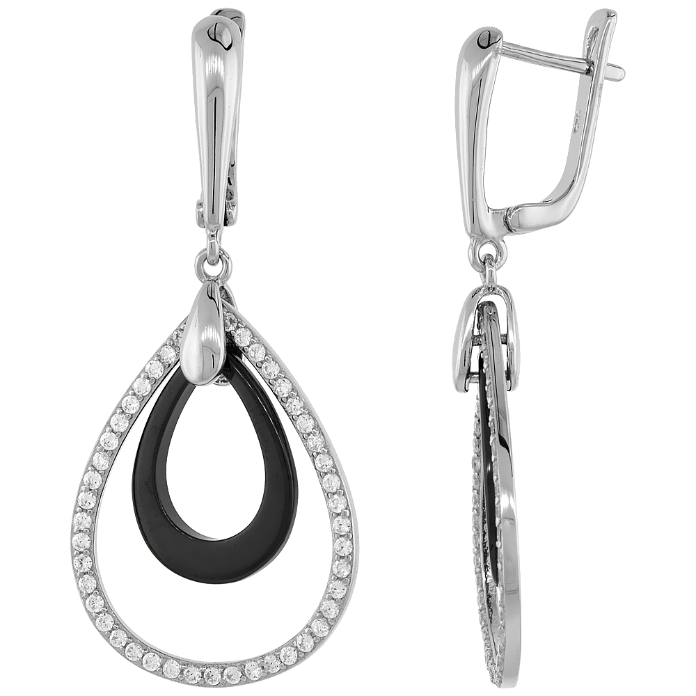 Sterling Silver Cubic Zirconia Lever Back Earrings in Rose Gold & Rhodium Finishes & Pear Shape Ceramic, 3/4 inch wide