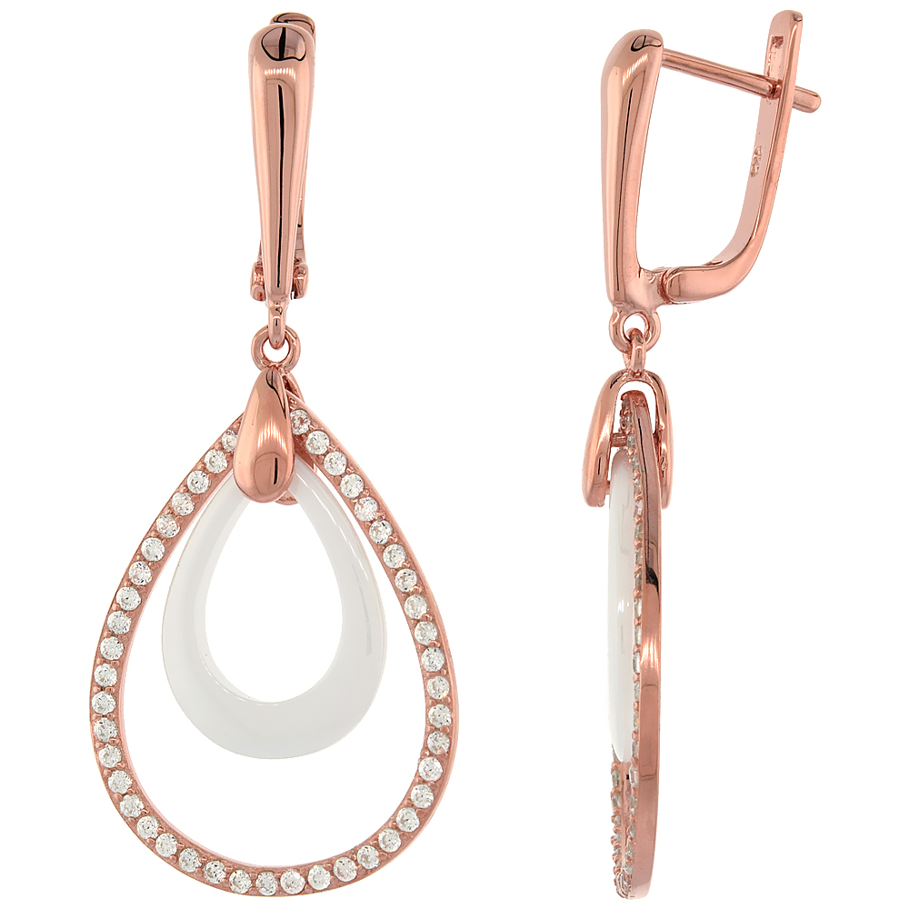 Sterling Silver Cubic Zirconia Lever Back Earrings Rose Gold Finish & White Ceramic
