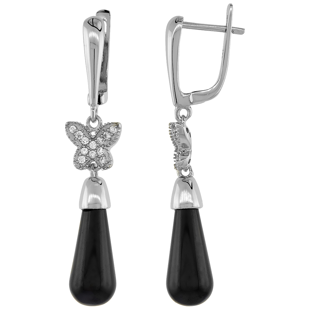 Sterling Silver Cubic Zirconia Butterfly Lever Back Earrings Rhodium Finish & Black Ceramic