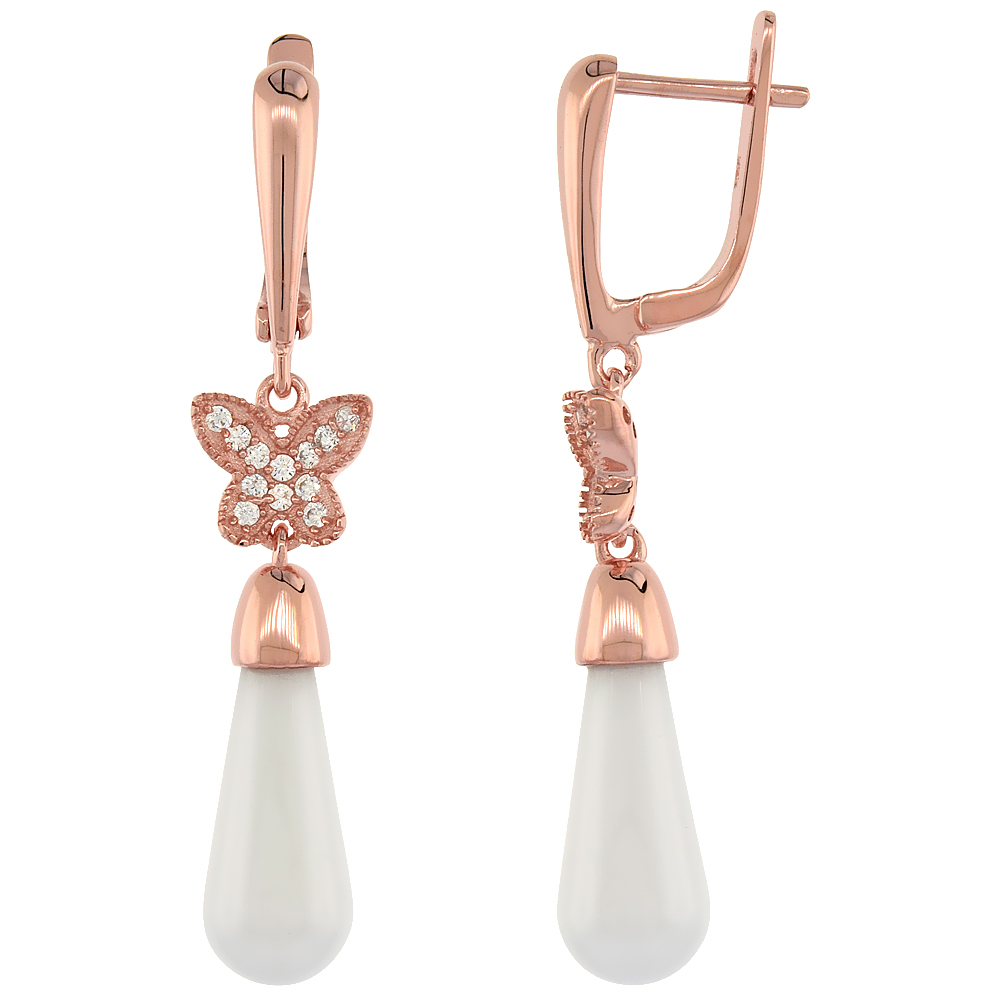 Sterling Silver Cubic Zirconia Butterfly Lever Back Earrings Rose Gold Finish & White Ceramic
