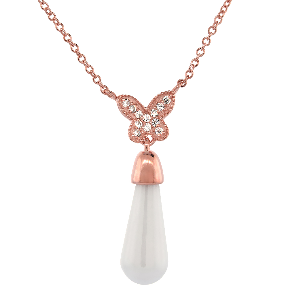 Sterling Silver Cable Butterfly Necklace Rose Gold Finish &amp; White Ceramic