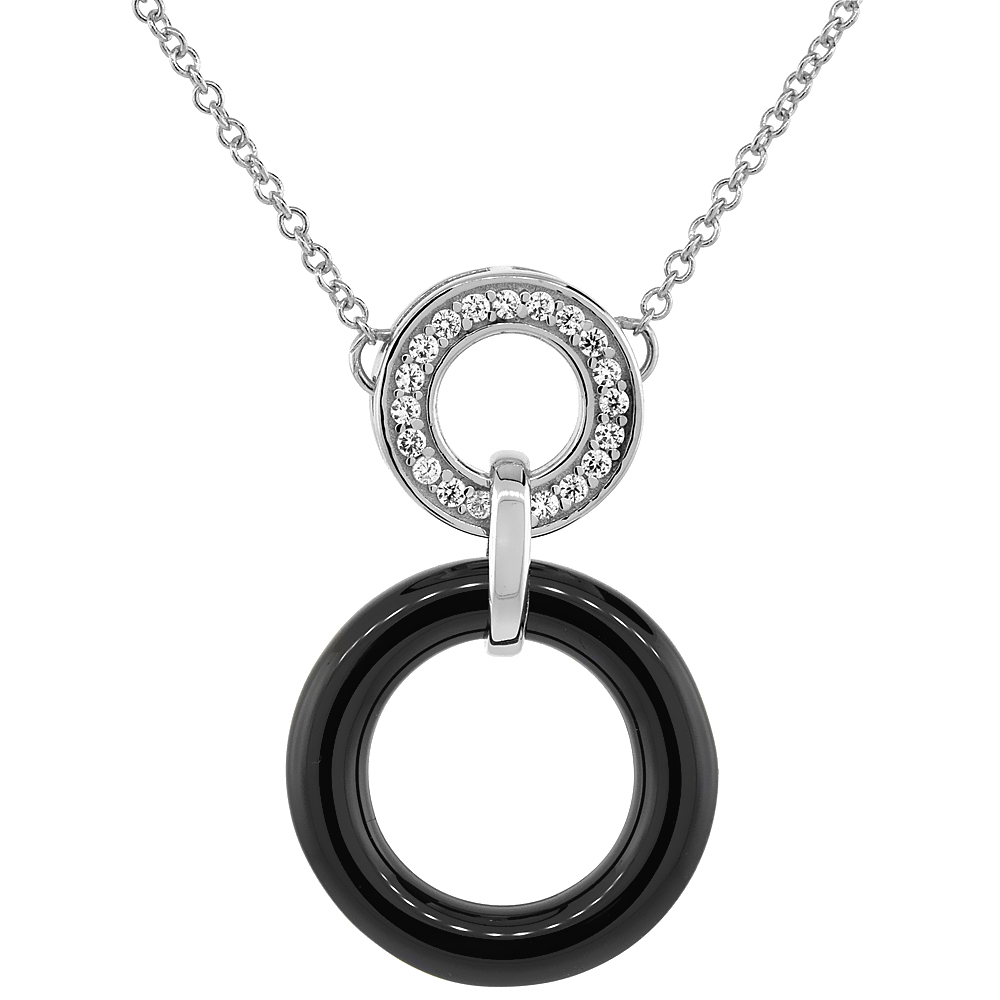 Sterling Silver Cable Necklace Rhodium Finish & Black Ceramic
