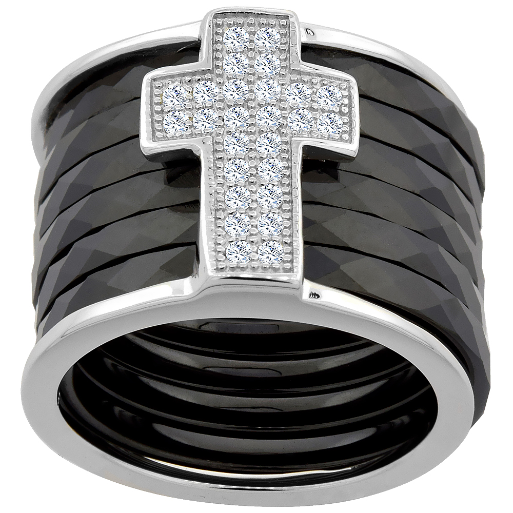6pc Sterling Silver Cubic Zirconia Cross Ring & Faceted Black Ceramic, 9/16 inch wide, sizes 6 - 8