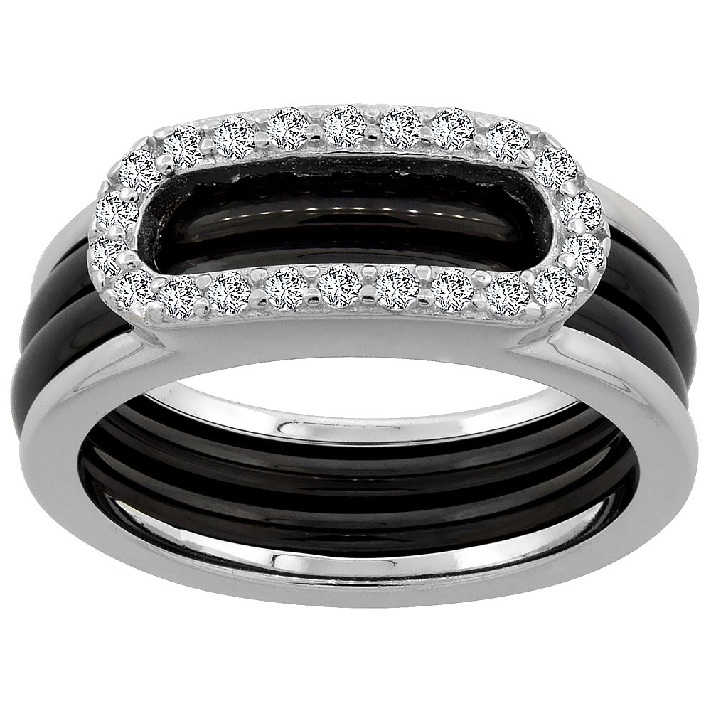 Sterling Silver Cubic Zirconia Oval Ring & Black Ceramic, 1/4 inch wide, sizes 6 - 8