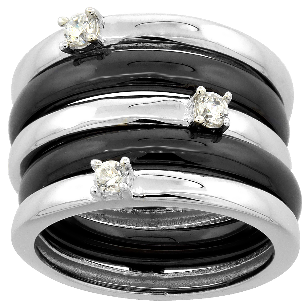 3pc Sterling Silver Cubic Zirconia Wide Ring & Black Ceramic, 9/16 inch wide, sizes 6 - 8.5