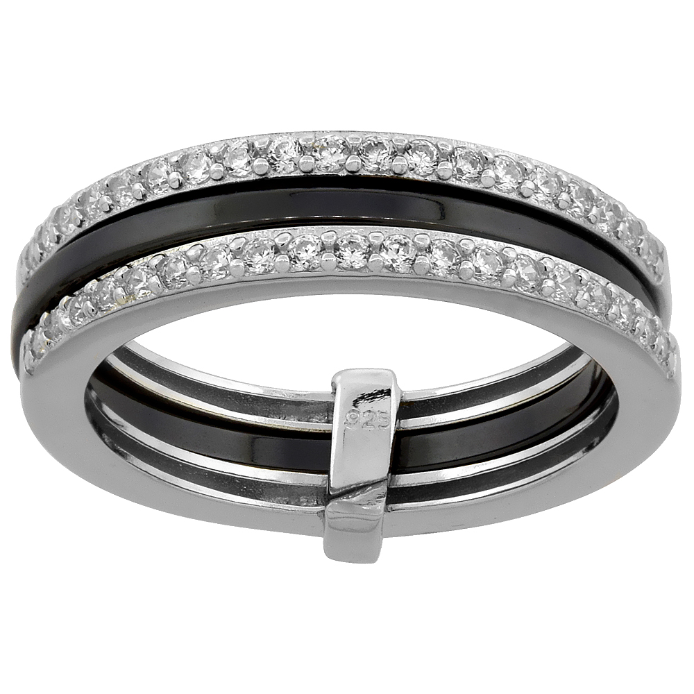Sterling Silver Cubic Zirconia Half Eternity Black Ceramic 3-Row Ring, 3/16 inch wide, sizes 6 - 8