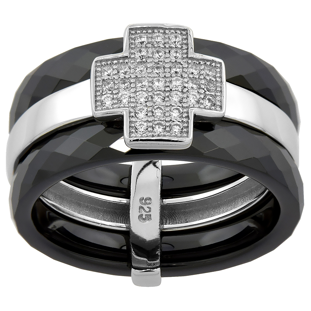 Sterling Silver Cubic Zirconia Cross Ring &amp; Faceted Black Ceramic, 3/8 inch wide, sizes 6 - 8