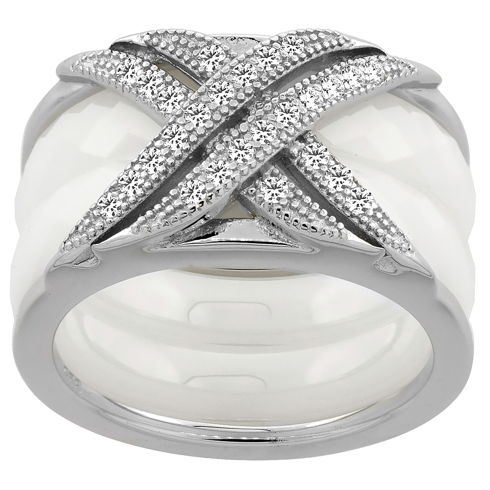 3pc Sterling Silver Cubic Zirconia CrissCross Ring & Faceted White Ceramic, 7/16 inch wide, sizes 6 - 8