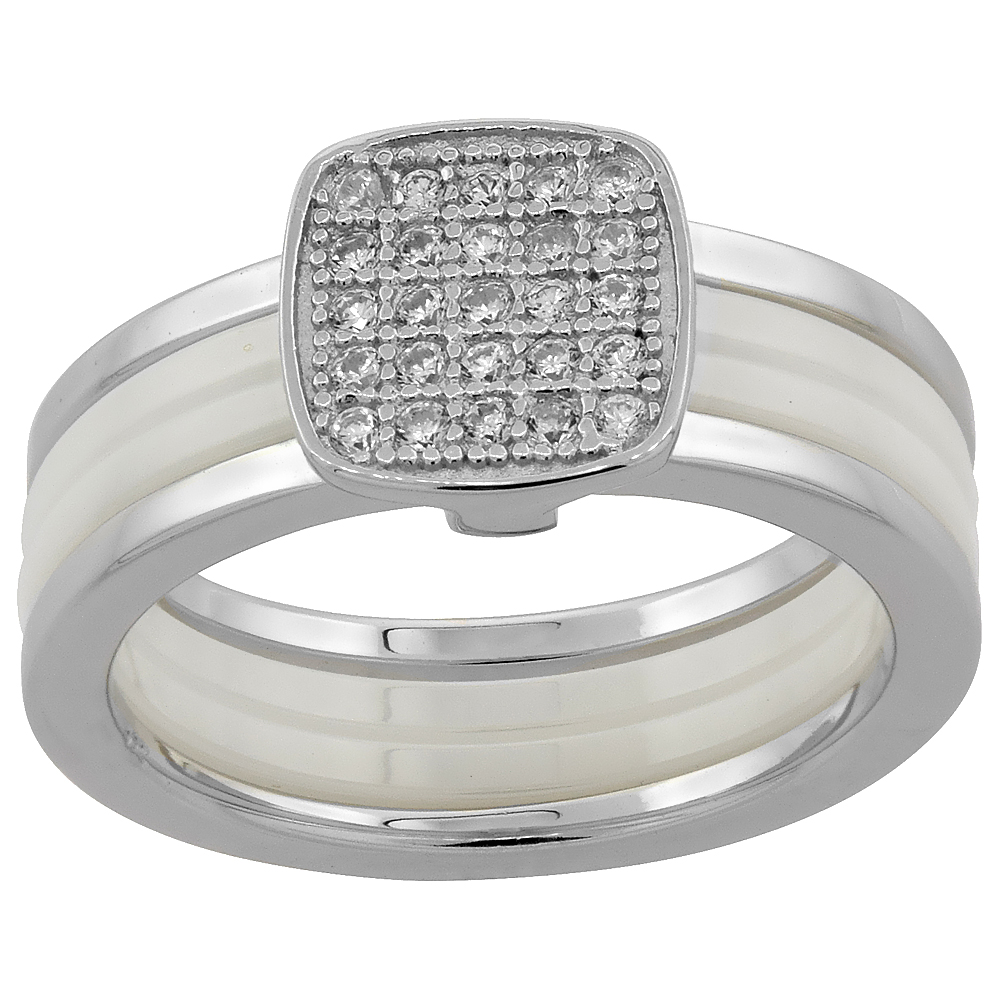 Sterling Silver Cubic Zirconia Sqaure Ring & White Ceramic, 5/16 inch wide, sizes 6 - 8