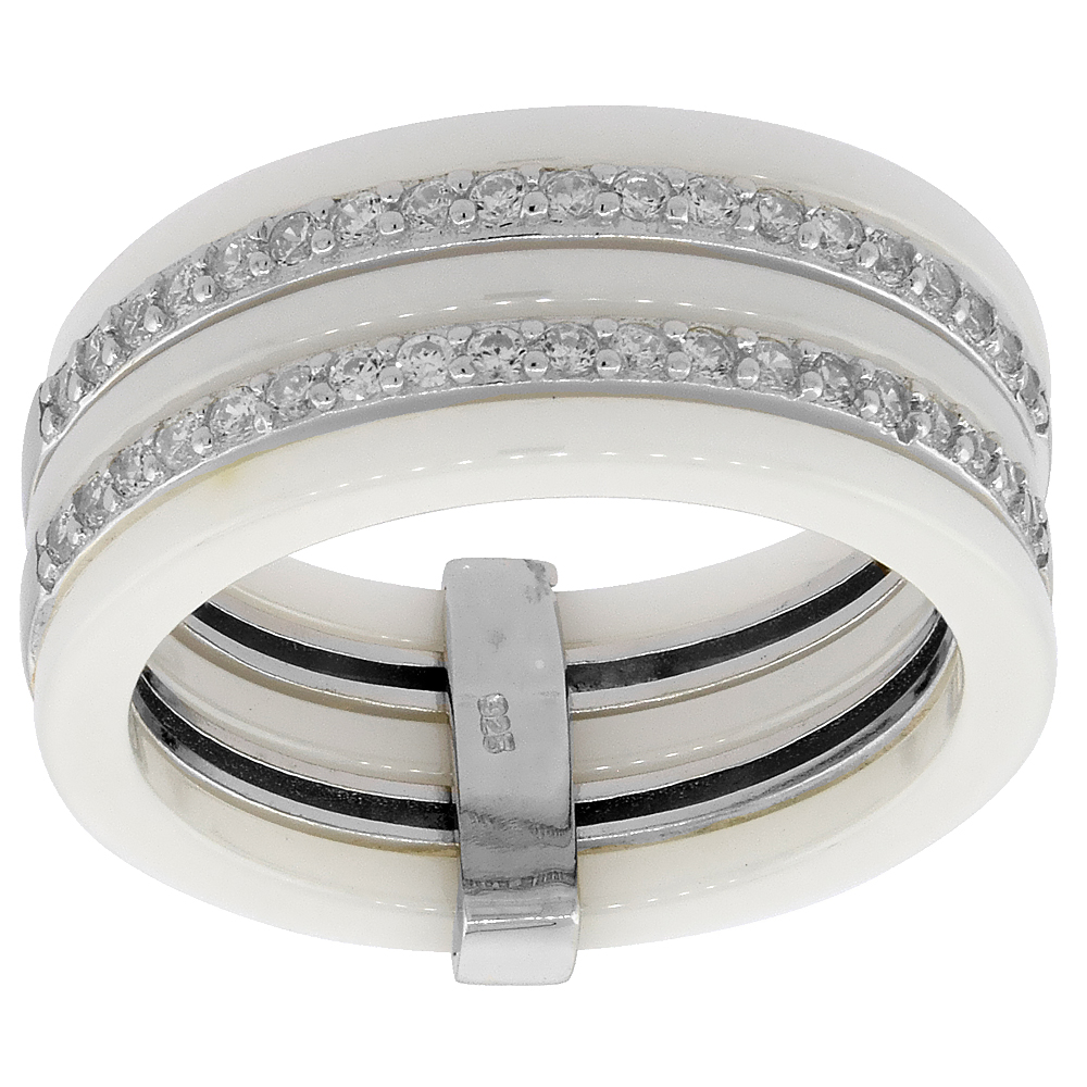 Sterling Silver Cubic Zirconia Half Eternity White Ceramic Ring, 5/16 inch wide, sizes 6 - 8