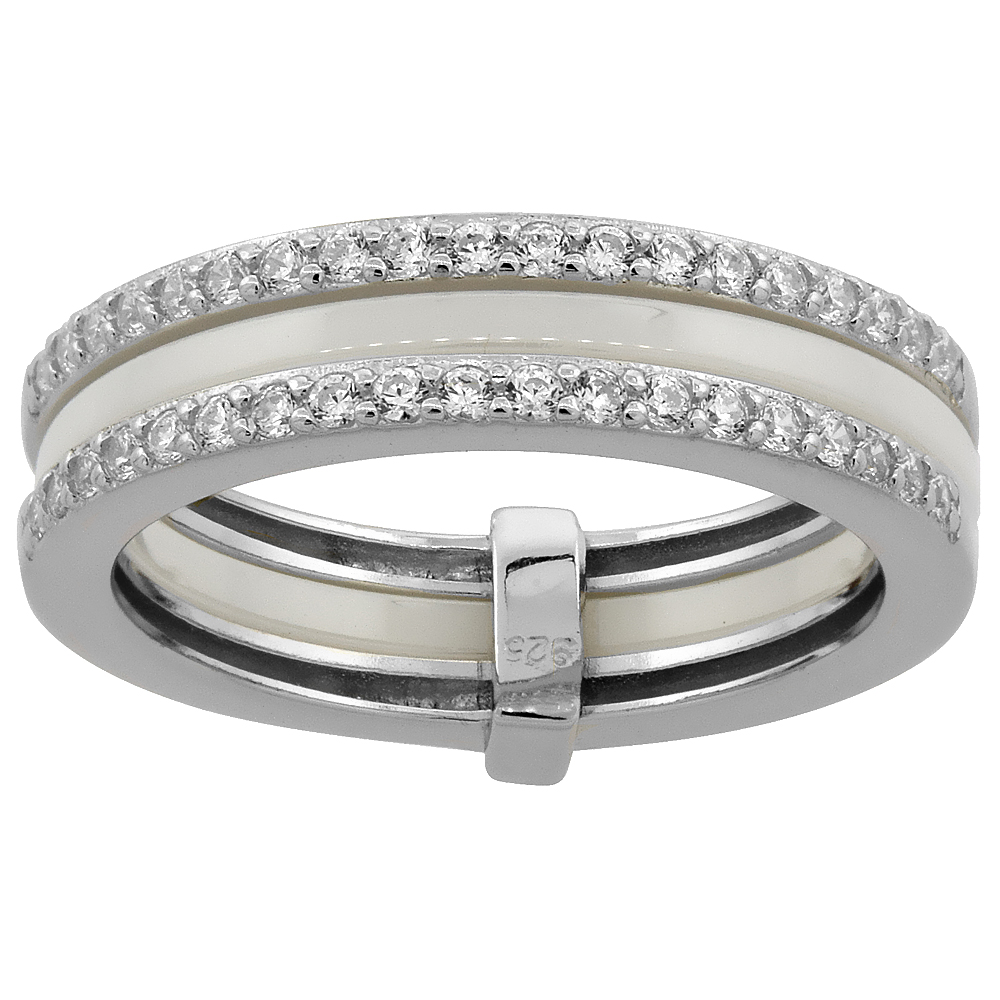 Sterling Silver Cubic Zirconia Half Eternity White Ceramic 3-Row Ring, 3/16 inch wide, sizes 6 - 8