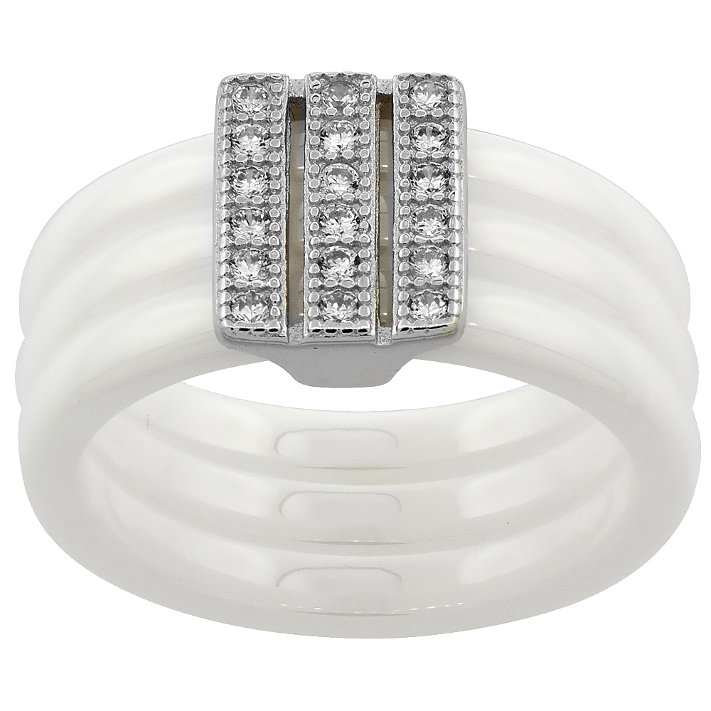 Three-row White Ceramic Ring & Sterling Silver Cubic Zirconia Accents, 3/8 inch wide, sizes 6 - 8