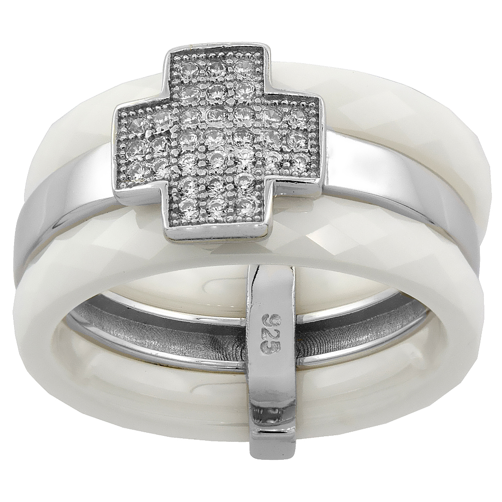 Sterling Silver Cubic Zirconia Cross Ring &amp; Faceted White Ceramic, 3/8 inch wide, sizes 6 - 8