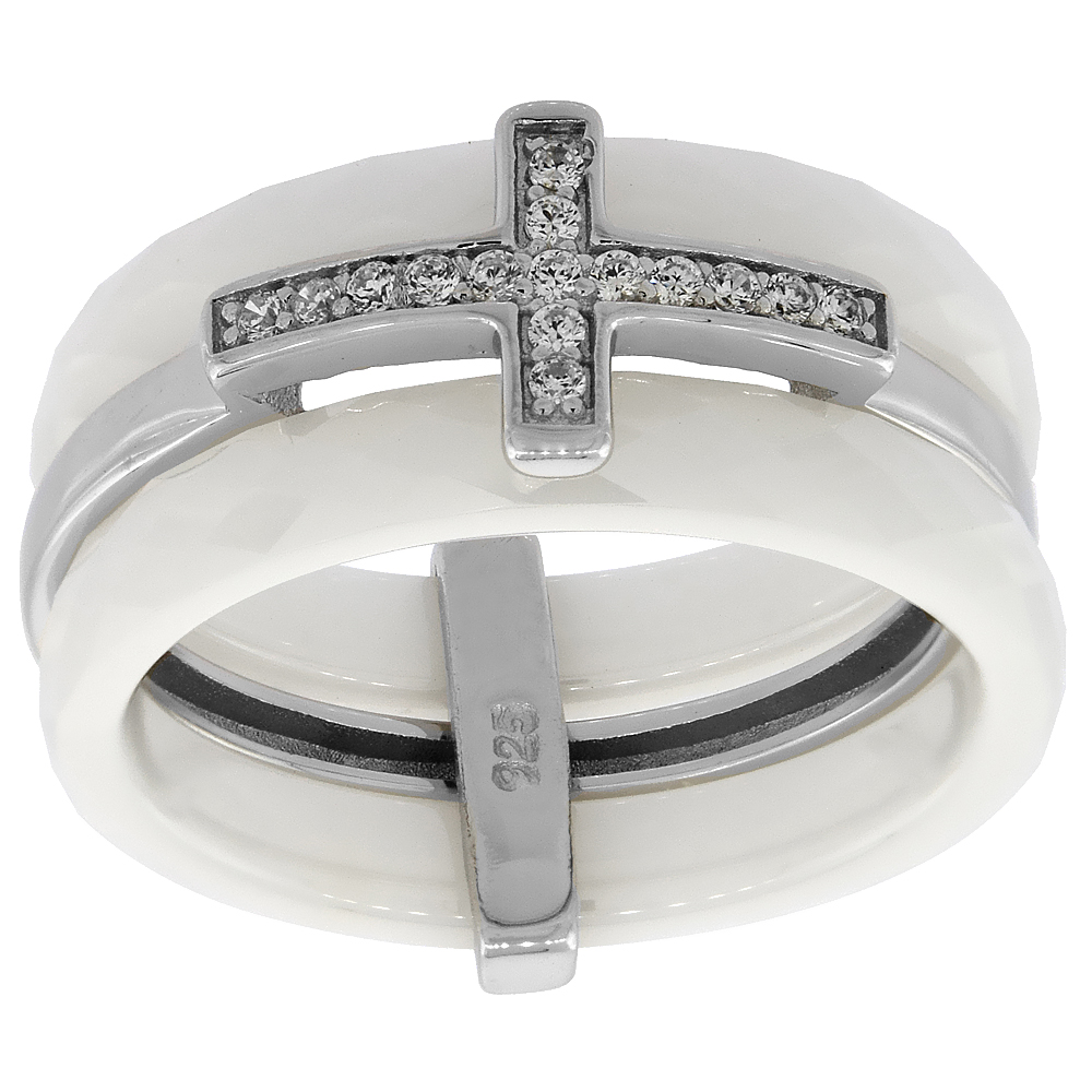 Sterling Silver Cubic Zirconia Sideways Cross Ring & Faceted White Ceramic, 5/16 inch wide, sizes 6 - 8