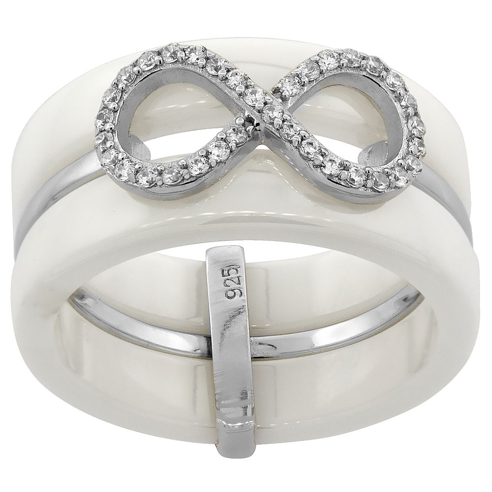 Sterling Silver Cubic Zirconia Infinity Ring & White Ceramic, 3/8 inch wide, sizes 6 - 8