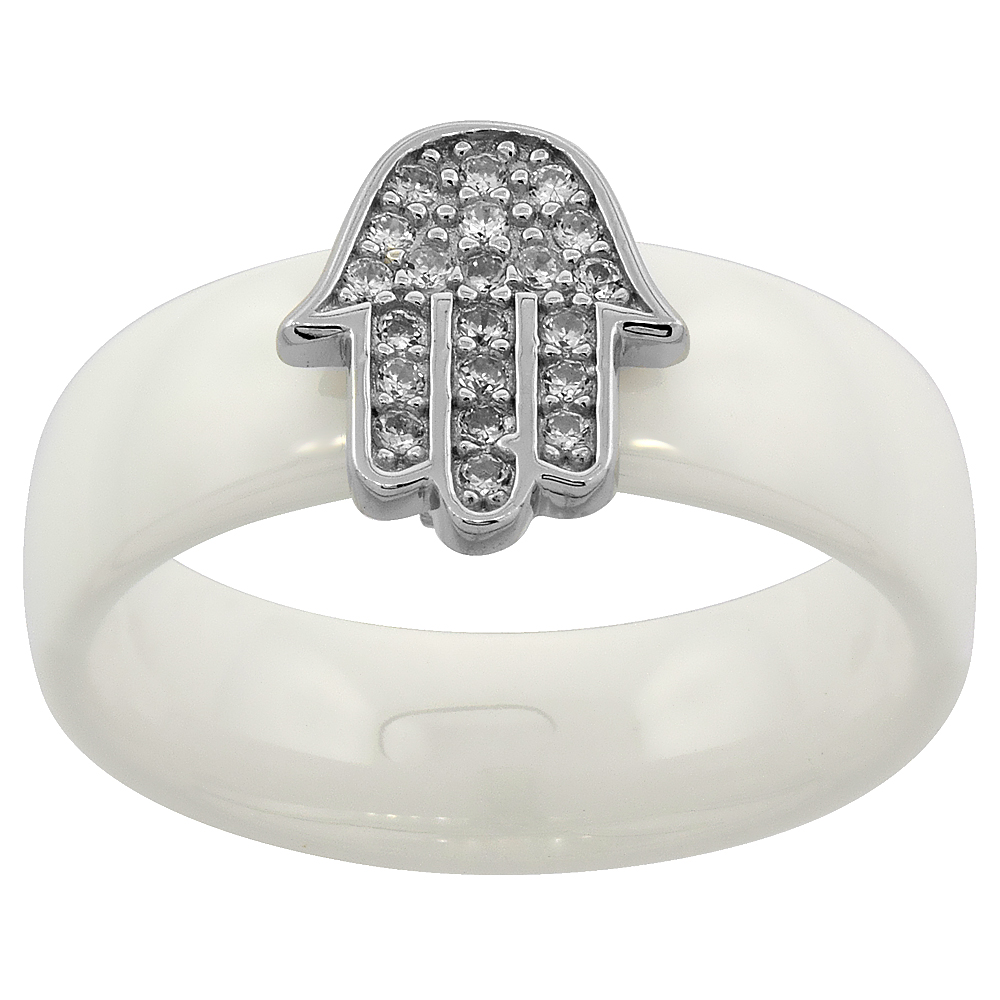 White Ceramic Band &amp; Sterling Silver Cubic Zirconia Hamsa Hand, 3/8 inch wide, sizes 6 - 8