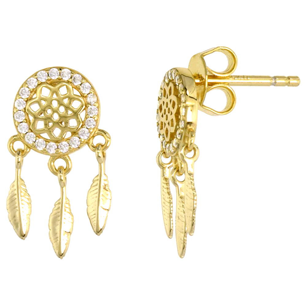 Dainty Sterling Silver Dream Catcher Earrings Studs White CZ Micropave Gold Plated  3/4 inch (18mm) long